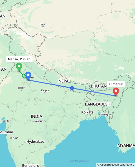 Route map showing distance and travel time from Mansa, Punjab, India to Dimapur, India