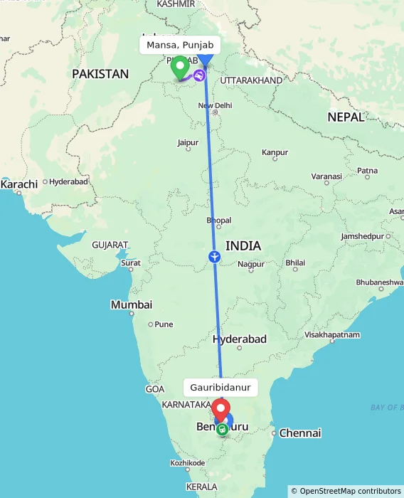 Route map showing distance and travel time from Mansa, Punjab, India to Gauribidanur, India