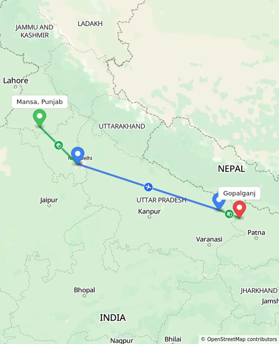 Route map showing distance and travel time from Mansa, Punjab, India to Gopalganj, India