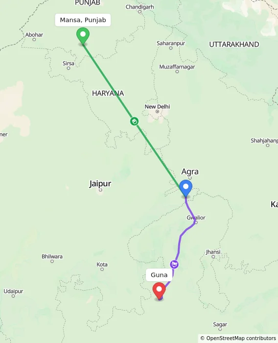 Route map showing distance and travel time from Mansa, Punjab, India to Guna, India