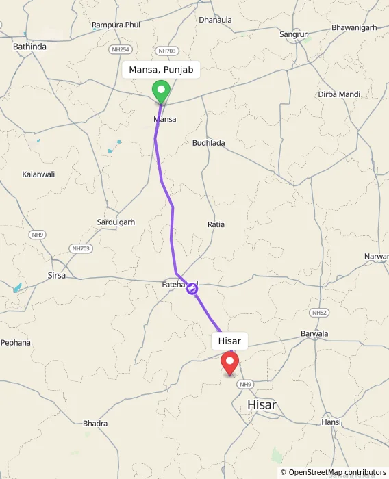 Route map showing distance and travel time from Mansa, Punjab, India to Hisar, India