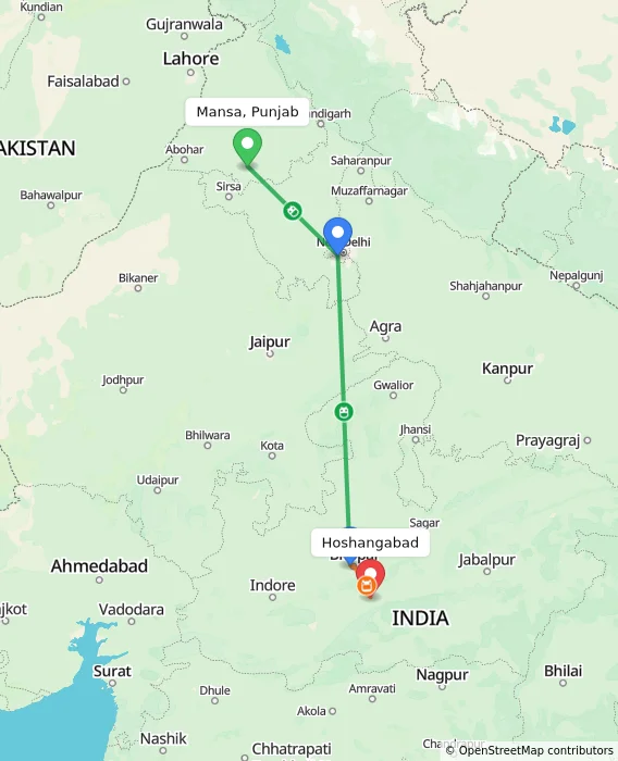 Route map showing distance and travel time from Mansa, Punjab, India to Hoshangabad, India
