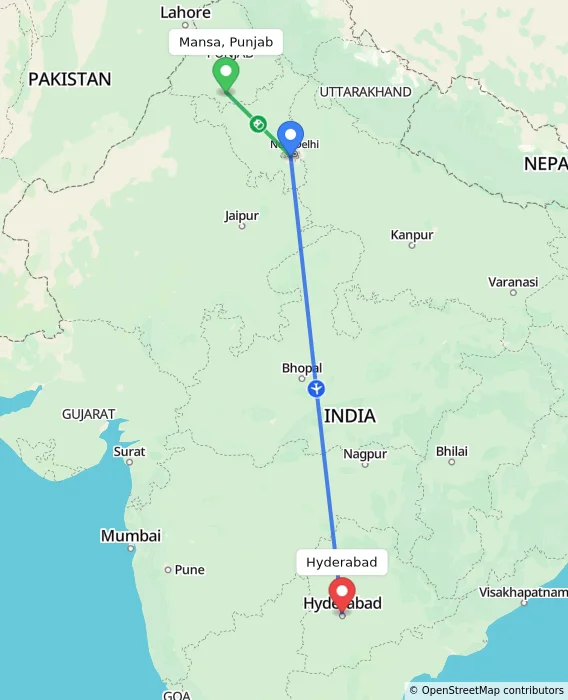 Route map showing distance and travel time from Mansa, Punjab, India to Hyderabad, India