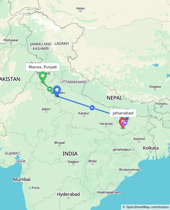 Route map showing distance and travel time from Mansa, Punjab, India to Jahanabad, India