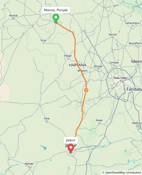 Route map showing distance and travel time from Mansa, Punjab, India to Jaipur, India