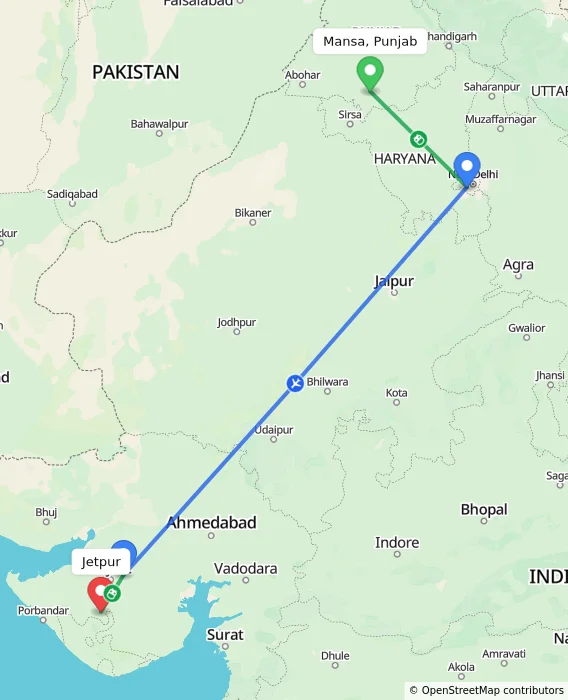 Route map showing distance and travel time from Mansa, Punjab, India to Jetpur, India