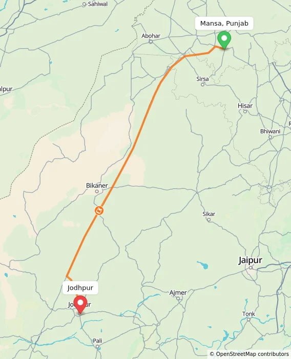 Route map showing distance and travel time from Mansa, Punjab, India to Jodhpur, India