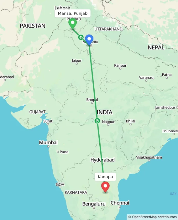 Route map showing distance and travel time from Mansa, Punjab, India to Kadapa, India
