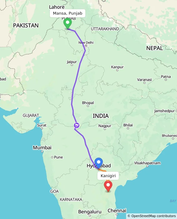 Route map showing distance and travel time from Mansa, Punjab, India to Kanigiri, India