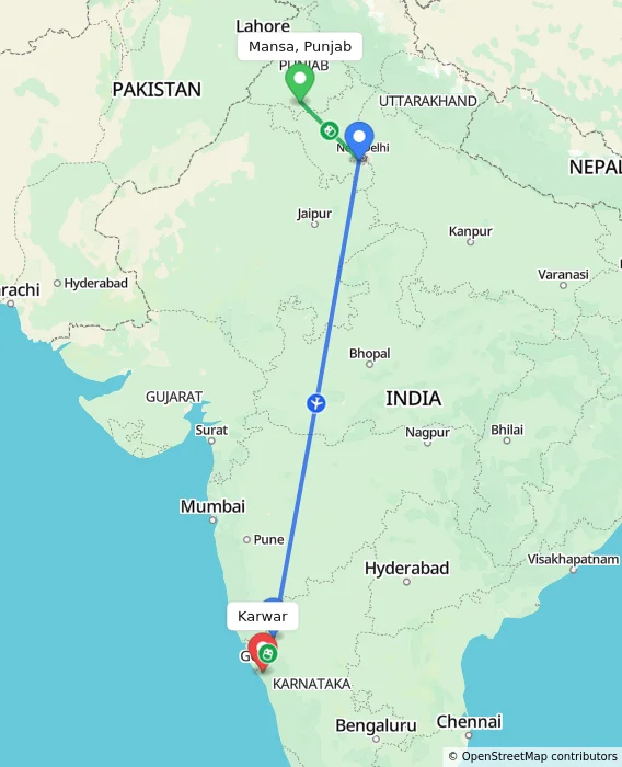 Route map showing distance and travel time from Mansa, Punjab, India to Karwar, India