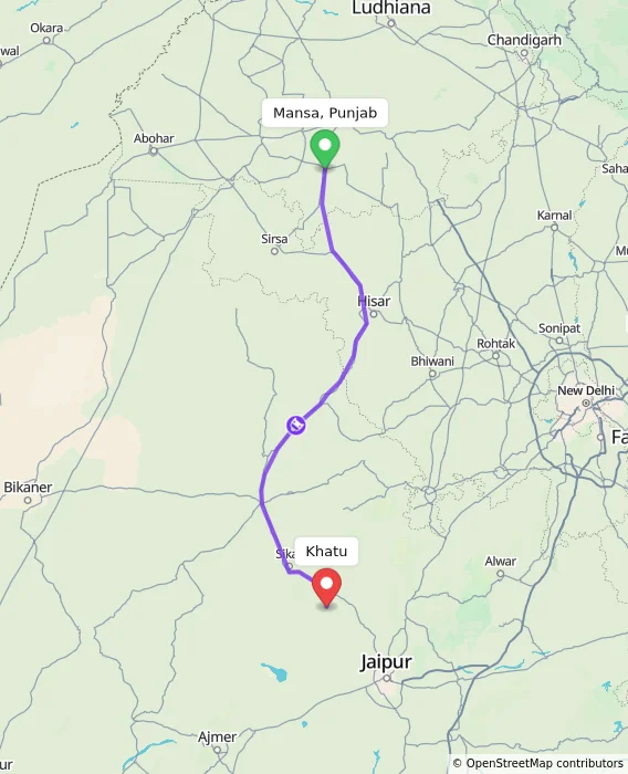 Route map showing distance and travel time from Mansa, Punjab, India to Khatu, India