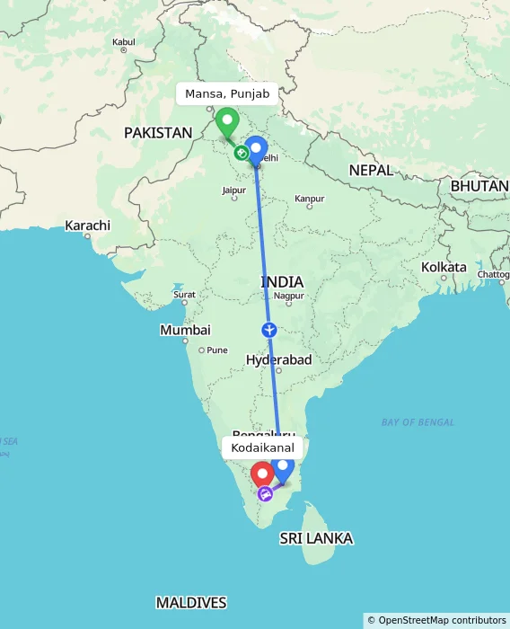 Route map showing distance and travel time from Mansa, Punjab, India to Kodaikanal, India
