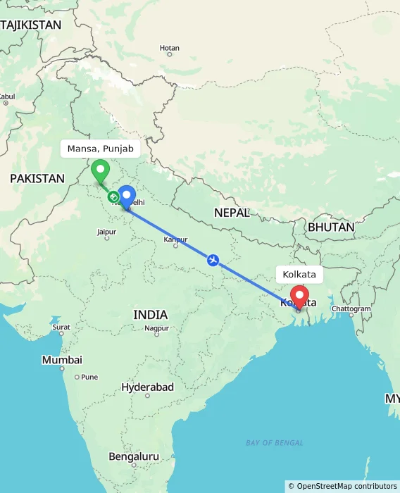 Route map showing distance and travel time from Mansa, Punjab, India to Kolkata, India