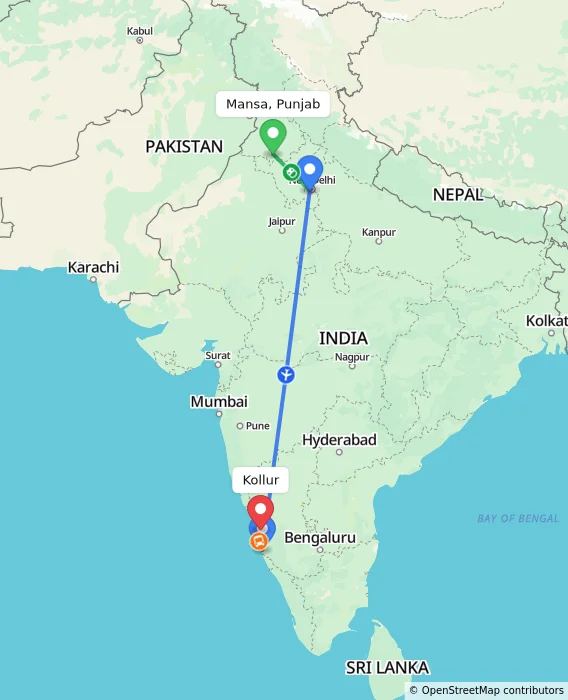 Route map showing distance and travel time from Mansa, Punjab, India to Kollur, India