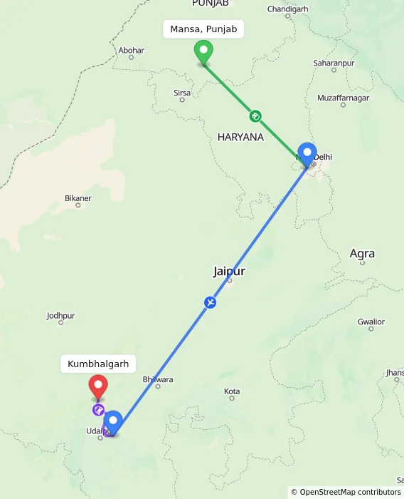 Route map showing distance and travel time from Mansa, Punjab, India to Kumbhalgarh, India