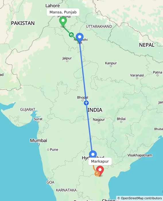 Route map showing distance and travel time from Mansa, Punjab, India to Markapur, India