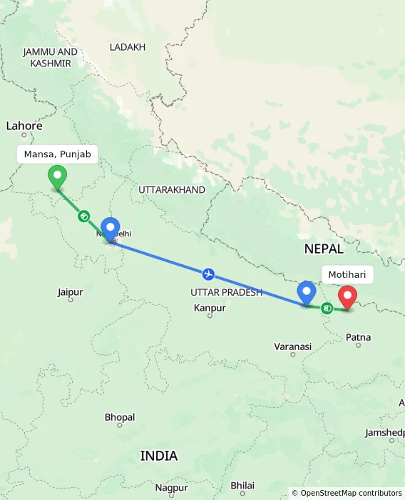 Route map showing distance and travel time from Mansa, Punjab, India to Motihari, India