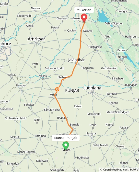 Route map showing distance and travel time from Mansa, Punjab, India to Mukerian, India