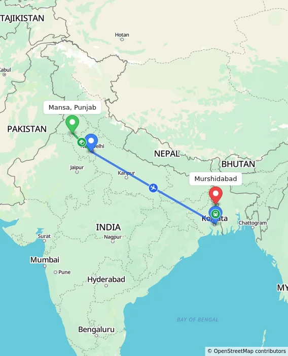 Route map showing distance and travel time from Mansa, Punjab, India to Murshidabad, India