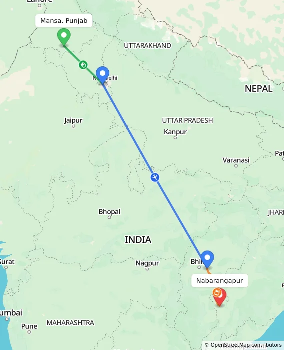 Route map showing distance and travel time from Mansa, Punjab, India to Nabarangapur, India