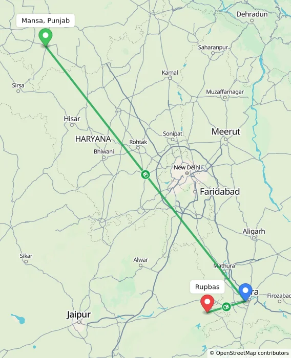 Route map showing distance and travel time from Mansa, Punjab, India to Rupbas, India