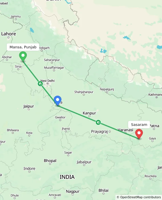 Route map showing distance and travel time from Mansa, Punjab, India to Sasaram, India