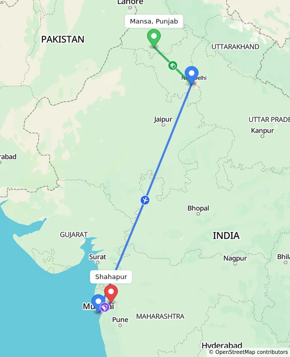 Route map showing distance and travel time from Mansa, Punjab, India to Shahapur, India