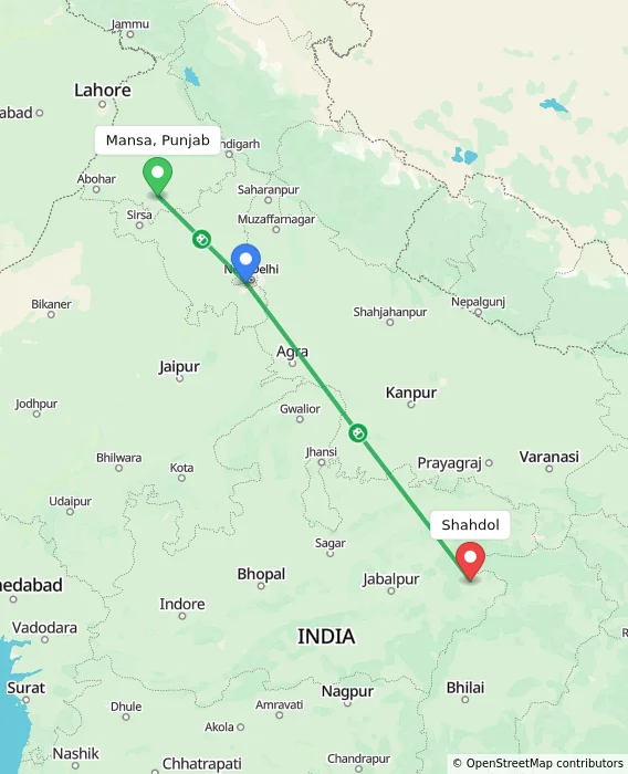 Route map showing distance and travel time from Mansa, Punjab, India to Shahdol, India