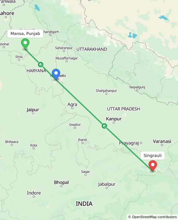 Route map showing distance and travel time from Mansa, Punjab, India to Singrauli, India