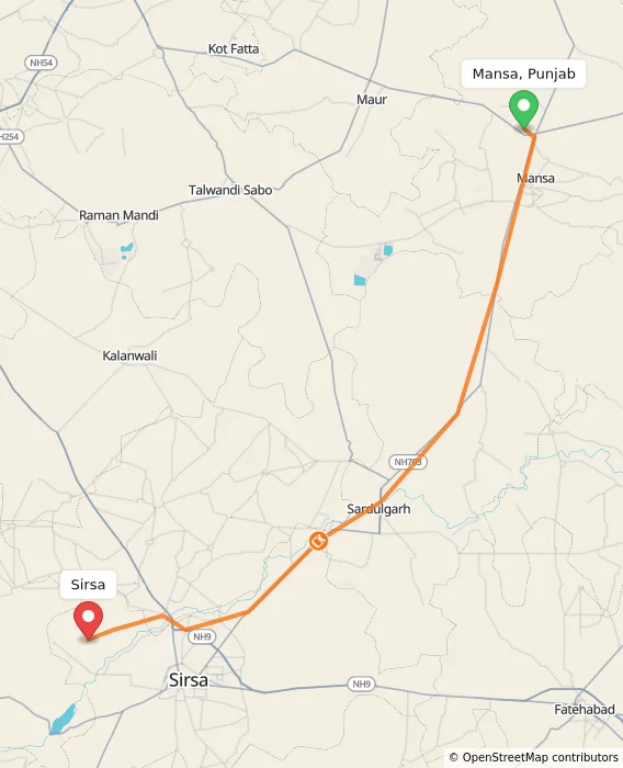 Route map showing distance and travel time from Mansa, Punjab, India to Sirsa, India