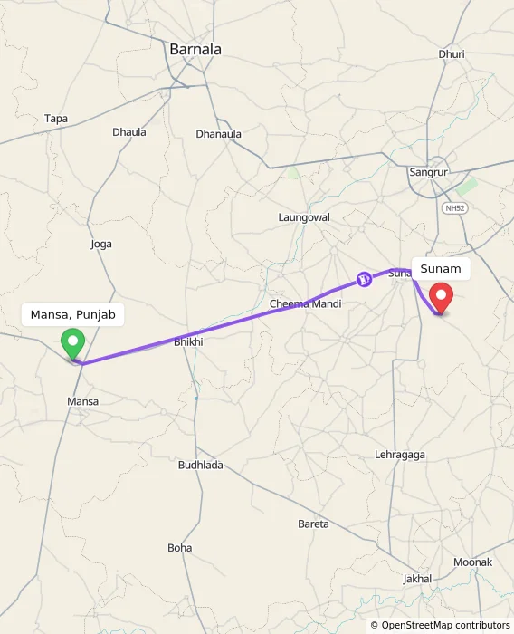 Route map showing distance and travel time from Mansa, Punjab, India to Sunam, India