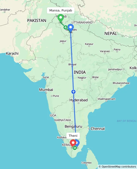 Route map showing distance and travel time from Mansa, Punjab, India to Theni, India