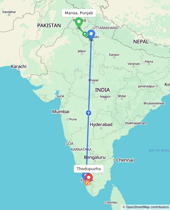Route map showing distance and travel time from Mansa, Punjab, India to Thodupuzha, India
