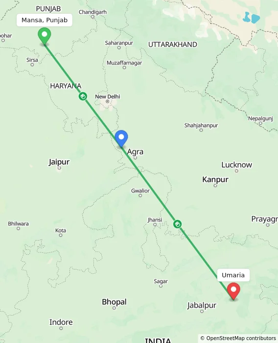 Route map showing distance and travel time from Mansa, Punjab, India to Umaria, India