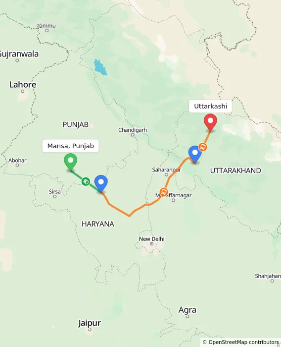 Route map showing distance and travel time from Mansa, Punjab, India to Uttarkashi, India