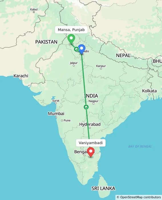 Route map showing distance and travel time from Mansa, Punjab, India to Vaniyambadi, India