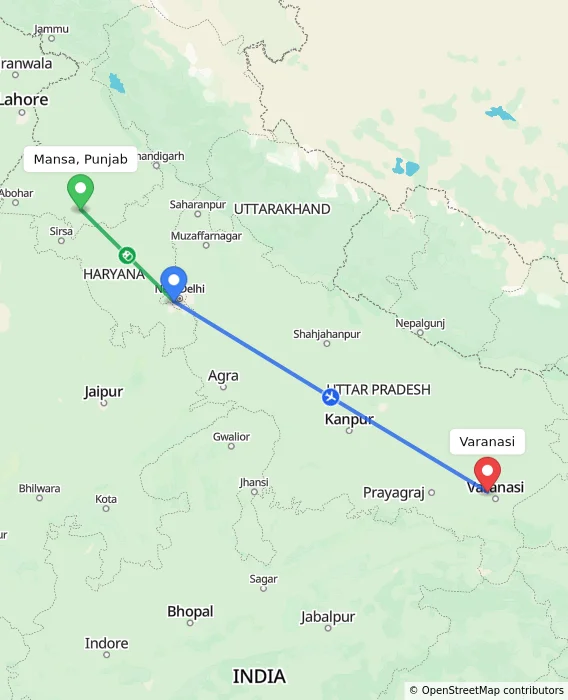 Route map showing distance and travel time from Mansa, Punjab, India to Varanasi, India