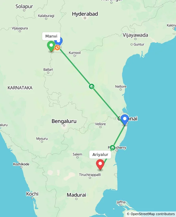 Route map showing distance and travel time from Manvi, India to Ariyalur, India