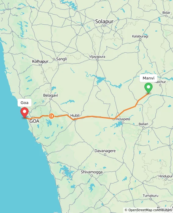 Route map showing distance and travel time from Manvi, India to Goa, India