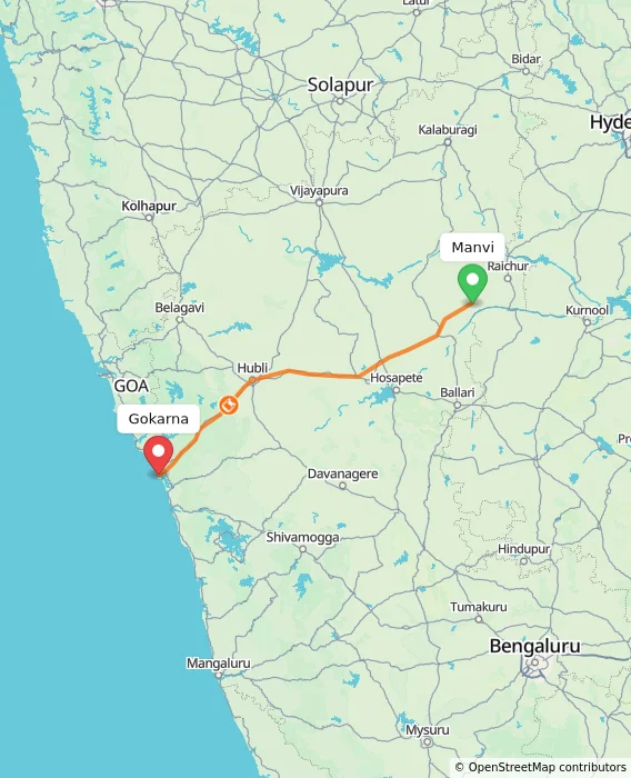 Route map showing distance and travel time from Manvi, India to Gokarna, India