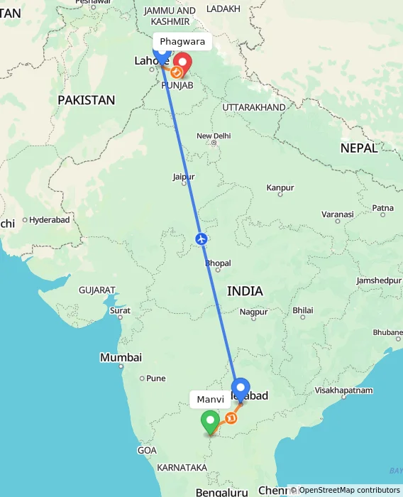 Route map showing distance and travel time from Manvi, India to Phagwara, India