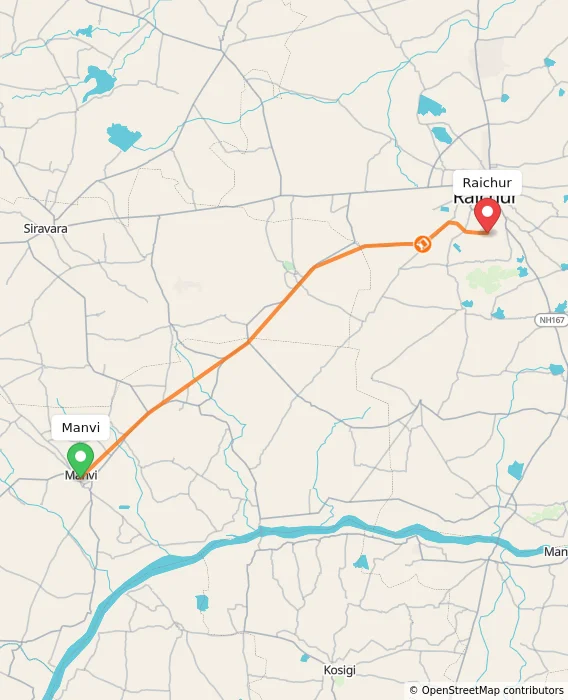 Route map showing distance and travel time from Manvi, India to Raichur, India