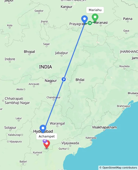 Route map showing distance and travel time from Mariahu, India to Achampet, India