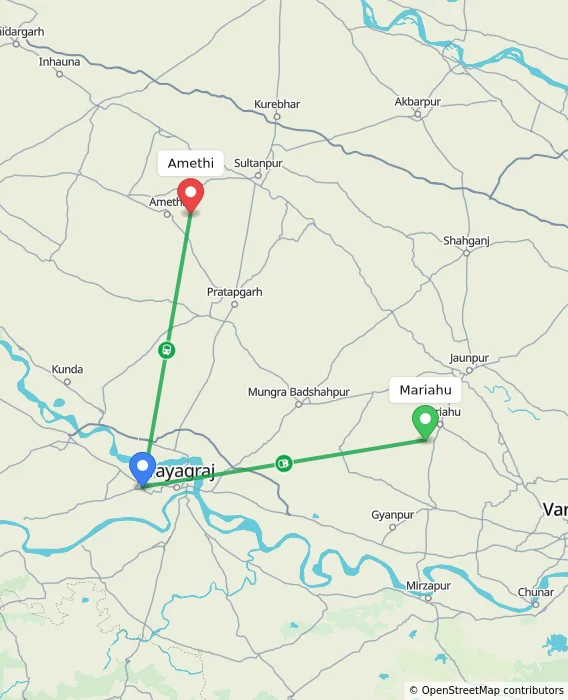 Route map showing distance and travel time from Mariahu, India to Amethi, India