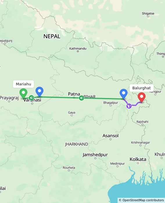 Route map showing distance and travel time from Mariahu, India to Balurghat, India