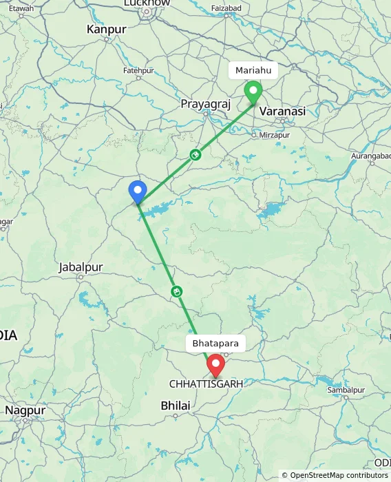 Route map showing distance and travel time from Mariahu, India to Bhatapara, India