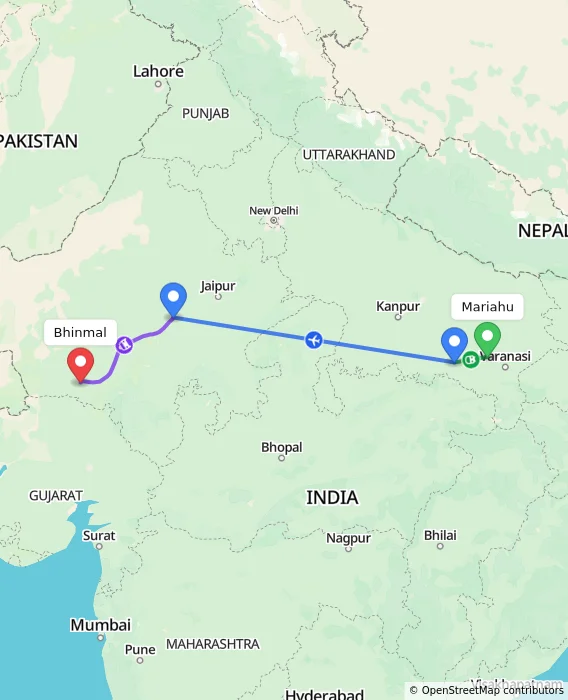 Route map showing distance and travel time from Mariahu, India to Bhinmal, India