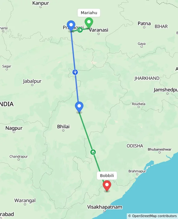 Route map showing distance and travel time from Mariahu, India to Bobbili, India