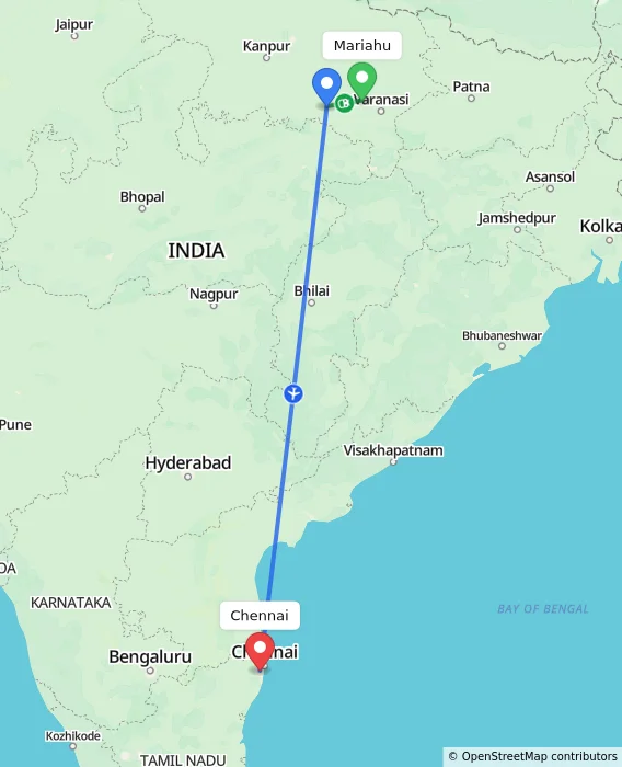 Route map showing distance and travel time from Mariahu, India to Chennai, India