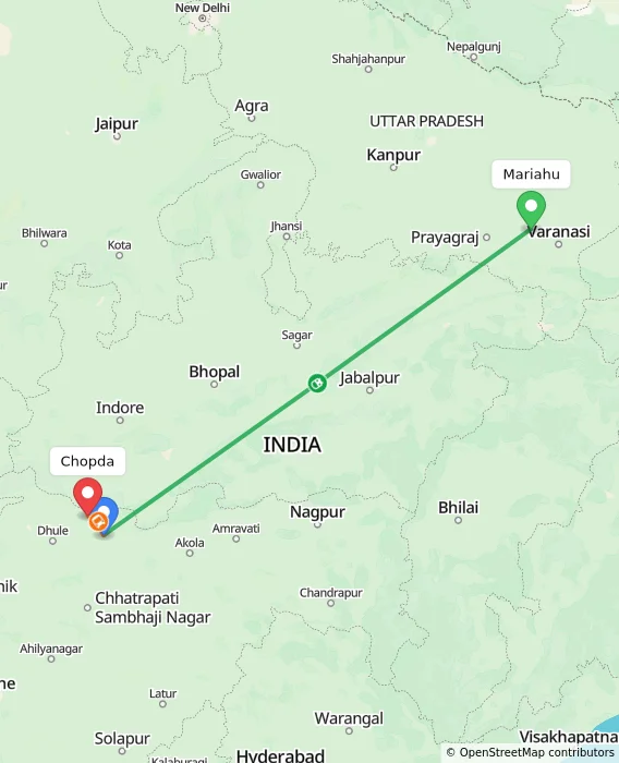 Route map showing distance and travel time from Mariahu, India to Chopda, India